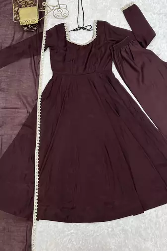 Fancy brown full flared anarkali kurta pant set with lace dupatta for girls & women