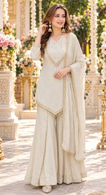 White silk blend readymade suit with miroor & moti work 1