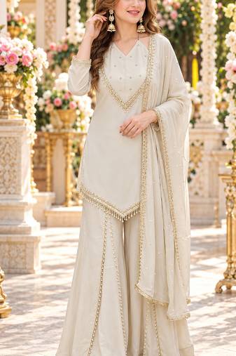 White silk blend readymade suit with miroor & moti work