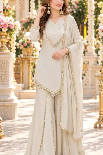 White silk blend readymade suit with miroor & moti work