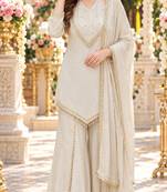 White silk blend readymade suit with miroor & moti work