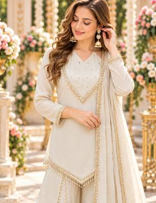 White silk blend readymade suit with miroor & moti work 2