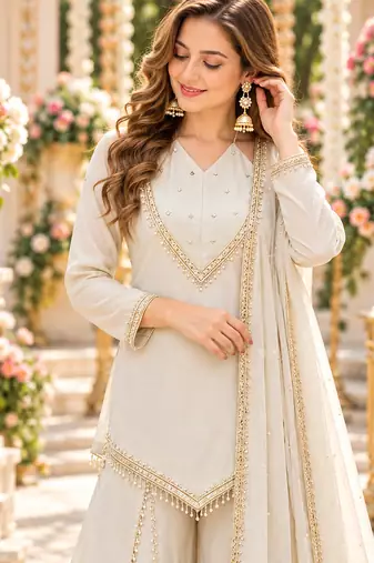 White silk blend readymade suit with miroor & moti work