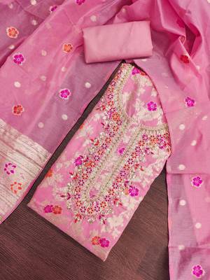 pink unstitched weaving handwork with woven embellished dupatta silk blend dress material 4