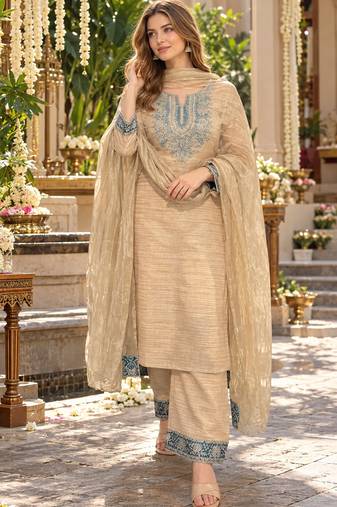 Beige silk blend readymade suit with embroidery & sequence work