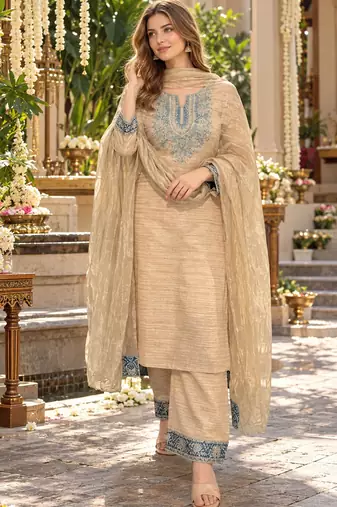 Beige silk blend readymade suit with embroidery & sequence work