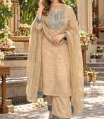 Beige silk blend readymade suit with embroidery & sequence work
