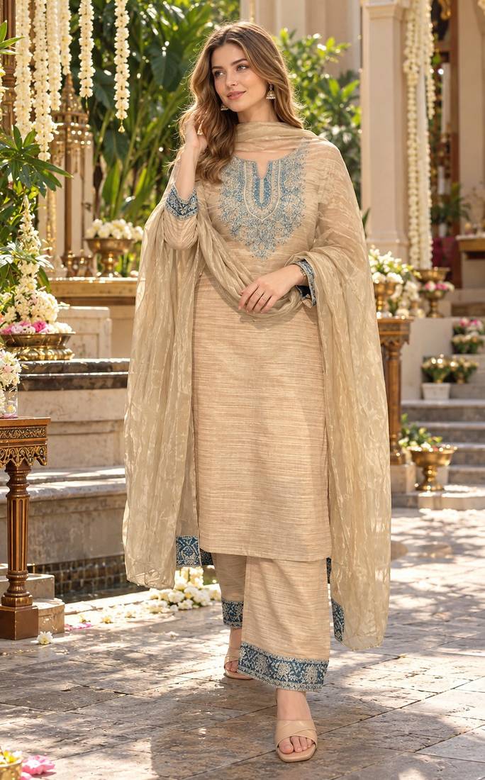 Beige silk blend readymade suit with embroidery & sequence work