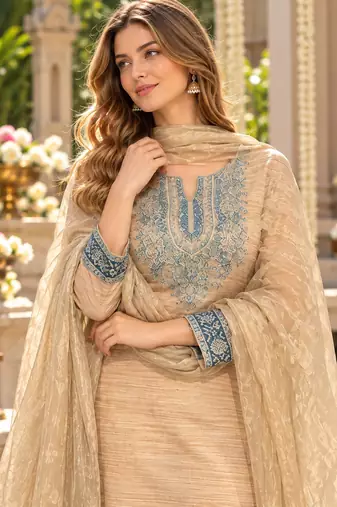 Beige silk blend readymade suit with embroidery & sequence work