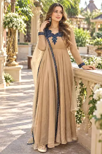 Beige silk blend readymade anarkali suit with embroidery & thread work
