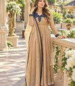 Beige silk blend readymade anarkali suit with embroidery & thread work