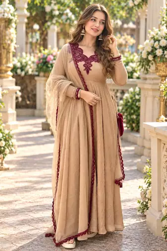 Beige silk blend readymade anarkali suit with embroidery & thread work