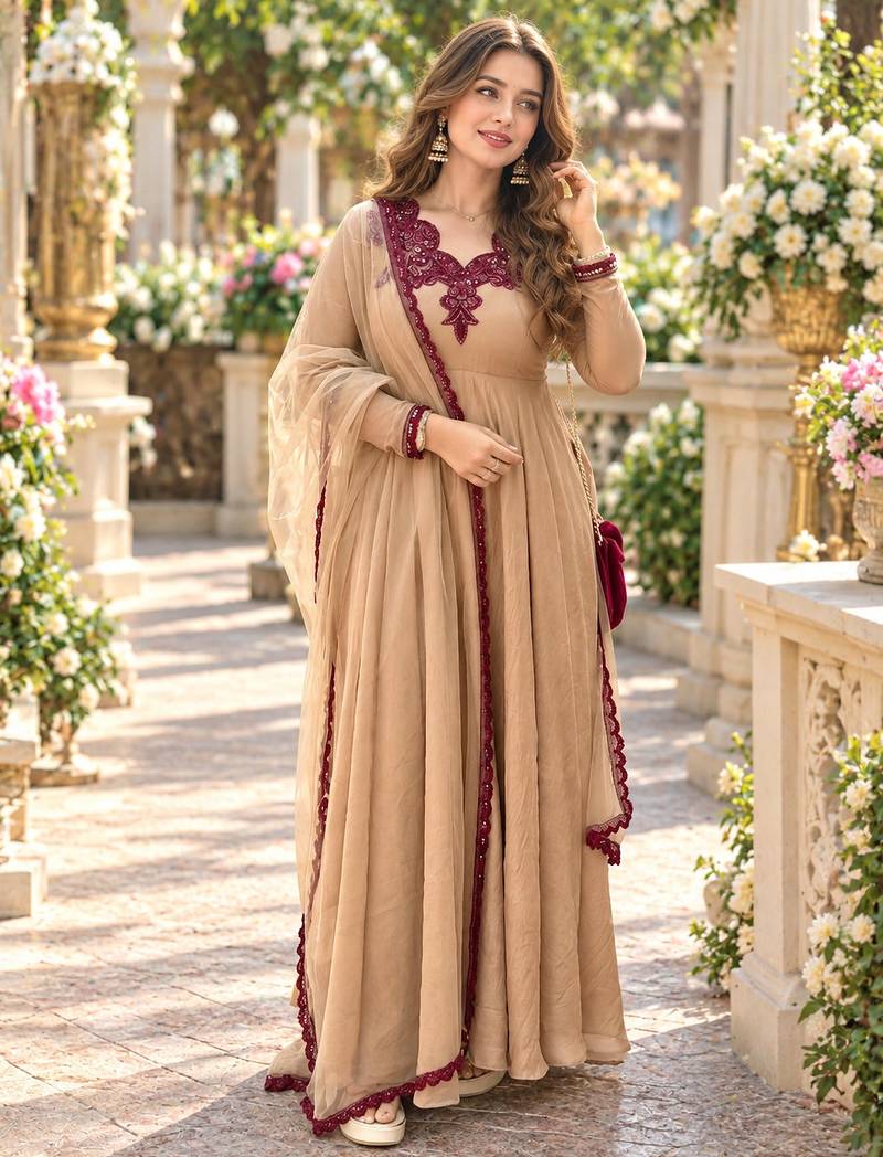 Beige silk blend readymade anarkali suit with embroidery & thread work