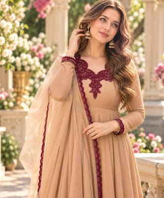 Beige silk blend readymade anarkali suit with embroidery & thread work 2