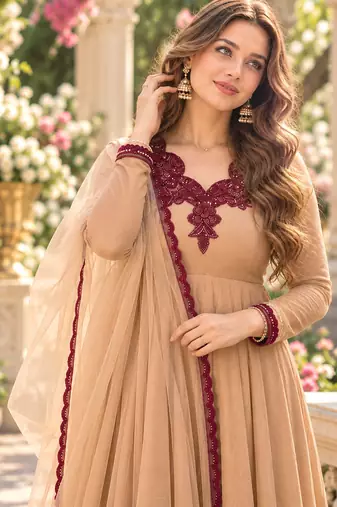 Beige silk blend readymade anarkali suit with embroidery & thread work