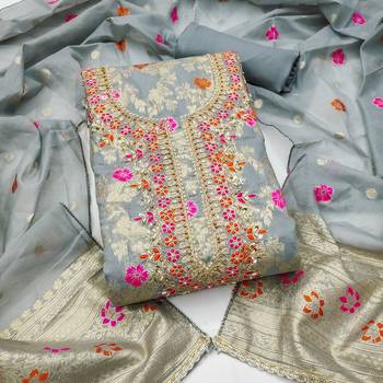 grey unstitched weaving handwork with woven embellished dupatta silk blend dress material 1