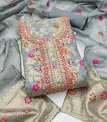 grey unstitched weaving handwork with woven embellished dupatta silk blend dress material