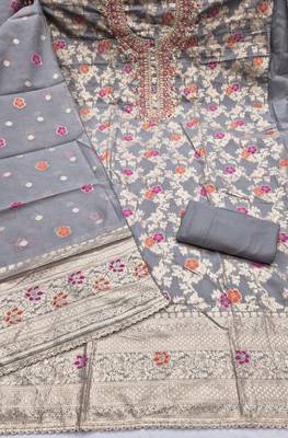 grey unstitched weaving handwork with woven embellished dupatta silk blend dress material 2