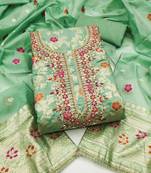 sea green unstitched weaving handwork with woven embellished dupatta silk blend dress material