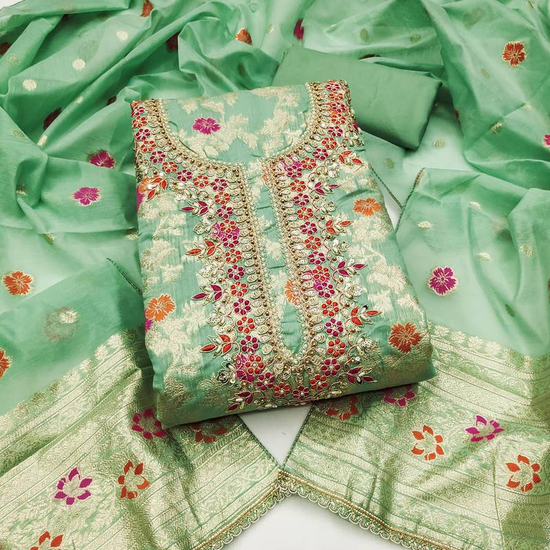 sea green unstitched weaving handwork with woven embellished dupatta silk blend dress material