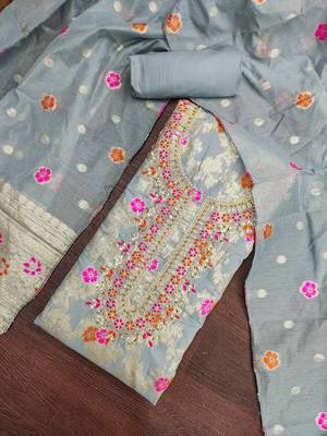 grey unstitched weaving handwork with woven embellished dupatta silk blend dress material 4