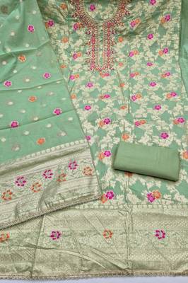 sea green unstitched weaving handwork with woven embellished dupatta silk blend dress material 2