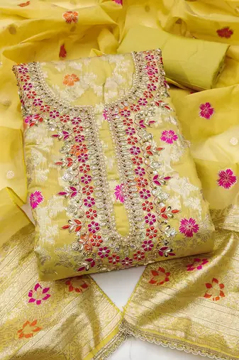 light green unstitched weaving handwork with woven embellished dupatta silk blend dress material
