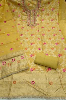 light green unstitched weaving handwork with woven embellished dupatta silk blend dress material 2