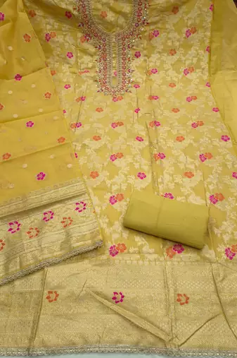 light green unstitched weaving handwork with woven embellished dupatta silk blend dress material