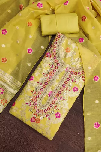 light green unstitched weaving handwork with woven embellished dupatta silk blend dress material