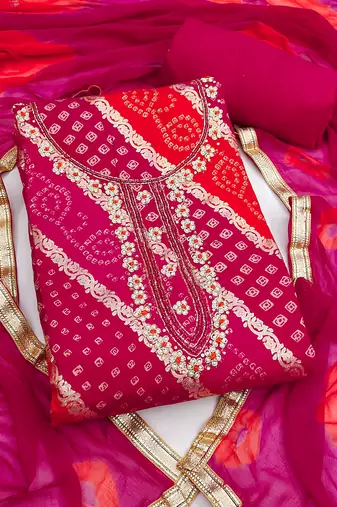 multi unstitched print handwork with bandhani printed dupatta dress material