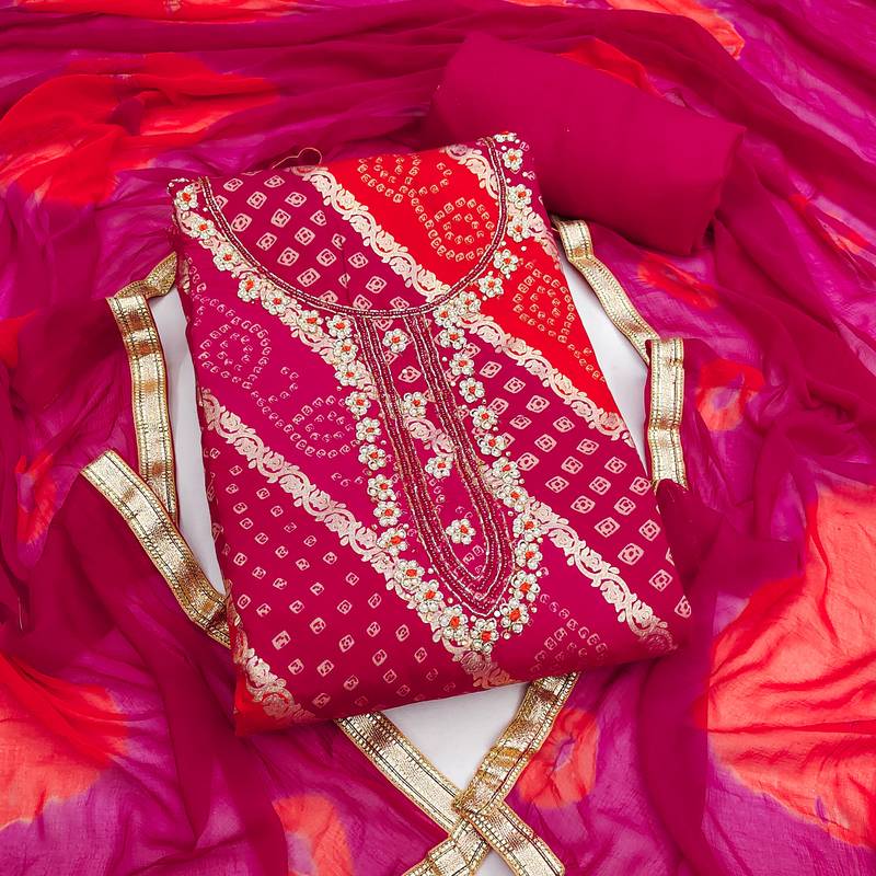 multi unstitched print handwork with bandhani printed dupatta dress material
