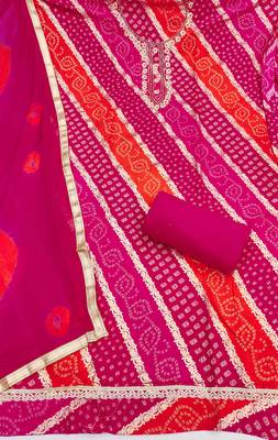 multi unstitched print handwork with bandhani printed dupatta dress material 2
