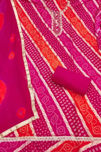 multi unstitched print handwork with bandhani printed dupatta dress material