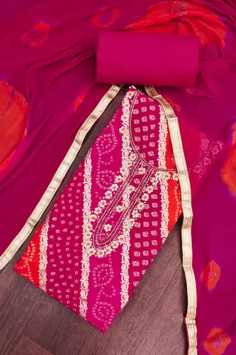 multi unstitched print handwork with bandhani printed dupatta dress material