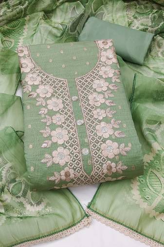 light green unstitched woven embroidered neck with digital printed dupatta modal butti dress material