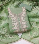 light green unstitched woven embroidered neck with digital printed dupatta modal butti dress material