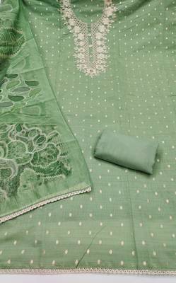 light green unstitched woven embroidered neck with digital printed dupatta modal butti dress material 2