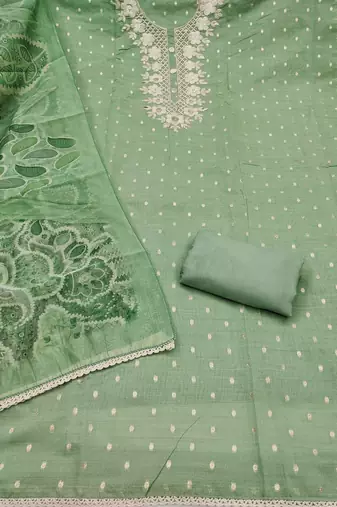 light green unstitched woven embroidered neck with digital printed dupatta modal butti dress material