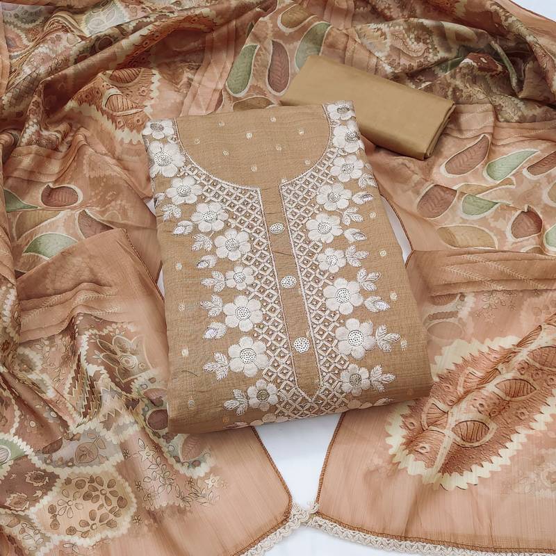 beige unstitched woven embroidered neck with digital printed dupatta modal butti dress material
