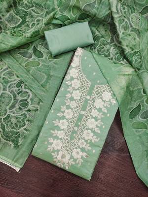 light green unstitched woven embroidered neck with digital printed dupatta modal butti dress material 4