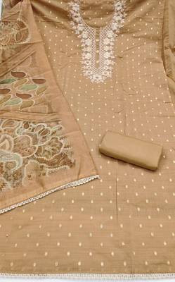 beige unstitched woven embroidered neck with digital printed dupatta modal butti dress material 2