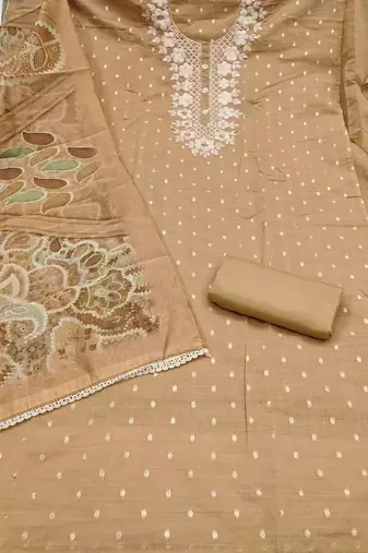 beige unstitched woven embroidered neck with digital printed dupatta modal butti dress material