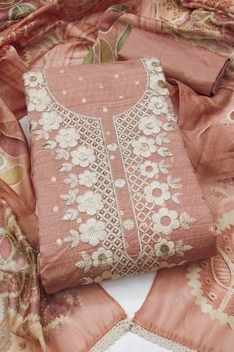 peach unstitched woven embroidered neck with digital printed dupatta modal butti dress material