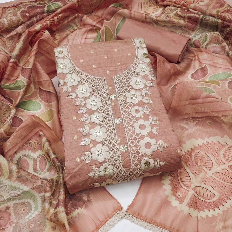 peach unstitched woven embroidered neck with digital printed dupatta modal butti dress material