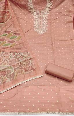 peach unstitched woven embroidered neck with digital printed dupatta modal butti dress material 2