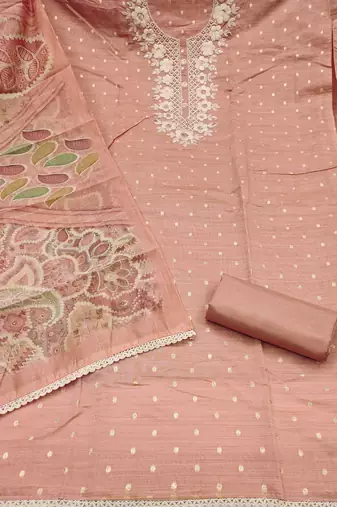 peach unstitched woven embroidered neck with digital printed dupatta modal butti dress material