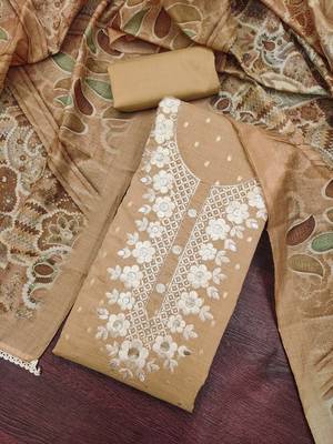 beige unstitched woven embroidered neck with digital printed dupatta modal butti dress material 4