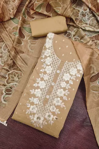 beige unstitched woven embroidered neck with digital printed dupatta modal butti dress material