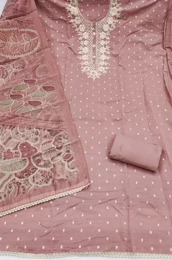 light purple unstitched woven embroidered neck with digital printed dupatta modal butti dress material
